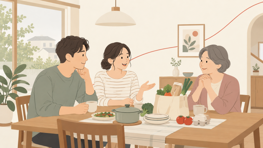 食卓で食費の分担について話し合う若い夫婦と親世代の女性