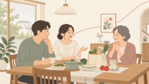 食卓で食費の分担について話し合う若い夫婦と親世代の女性