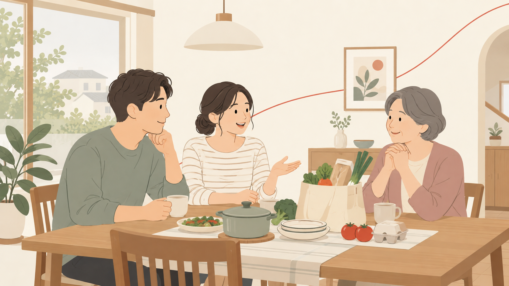 食卓で食費の分担について話し合う若い夫婦と親世代の女性