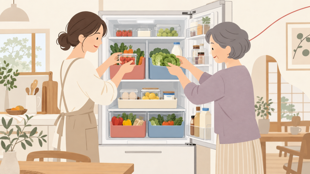 冷蔵庫の棚を色違いのトレーで世帯ごとに整理する若い女性と親世代の女性