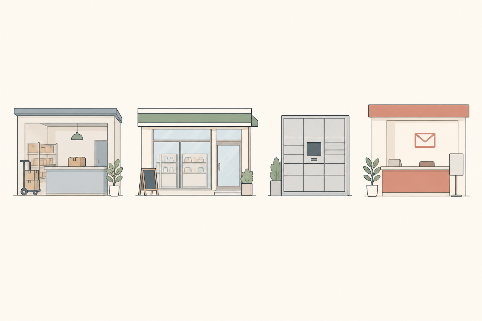 営業所、店舗、ロッカー、郵便局を比べる概念イラスト