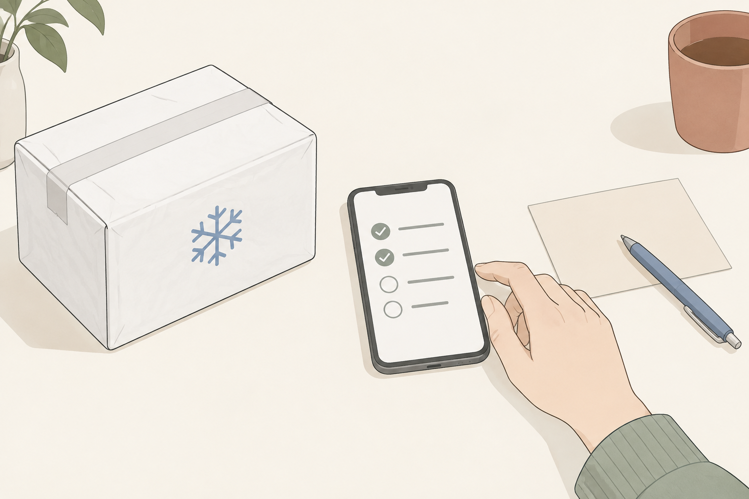 冷蔵の荷物とスマートフォンで受取条件を確かめるイラスト