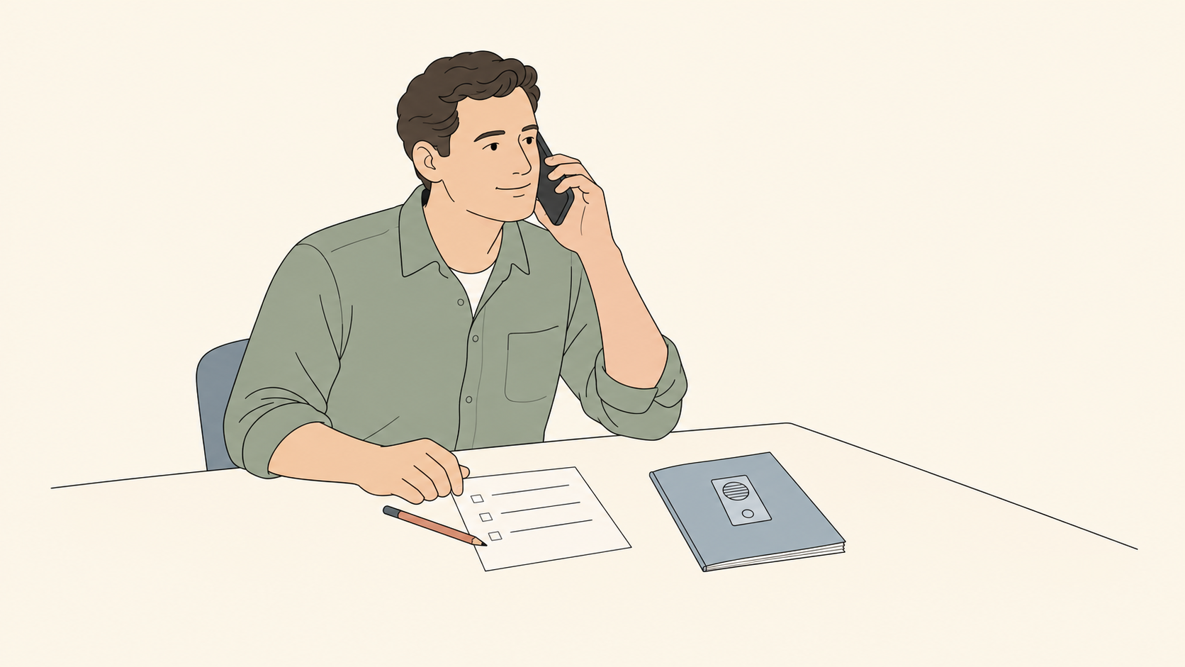品番と必要機能の確認メモを手元に相談を準備する人のイラスト