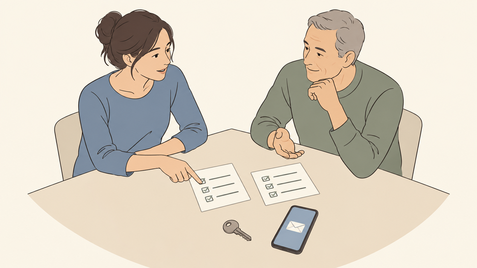 回収と鍵の管理を分担できるか二人で相談するイラスト