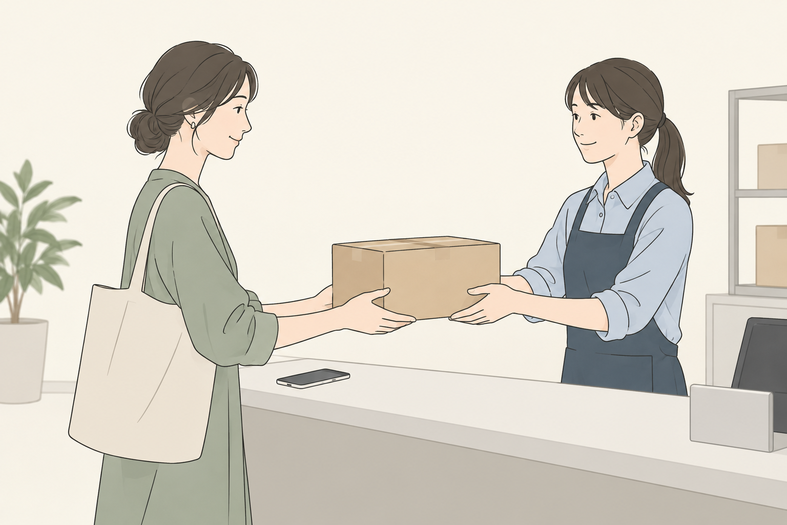 選んだ受取窓口で荷物を受け取る人のイラスト