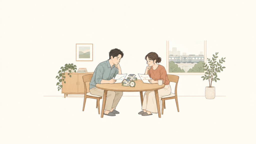 通勤の条件を比べる二人のイメージ