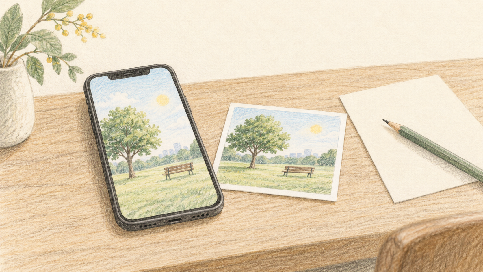 スマートフォンと公園の写真カードで、使われた写真を確かめるイメージ