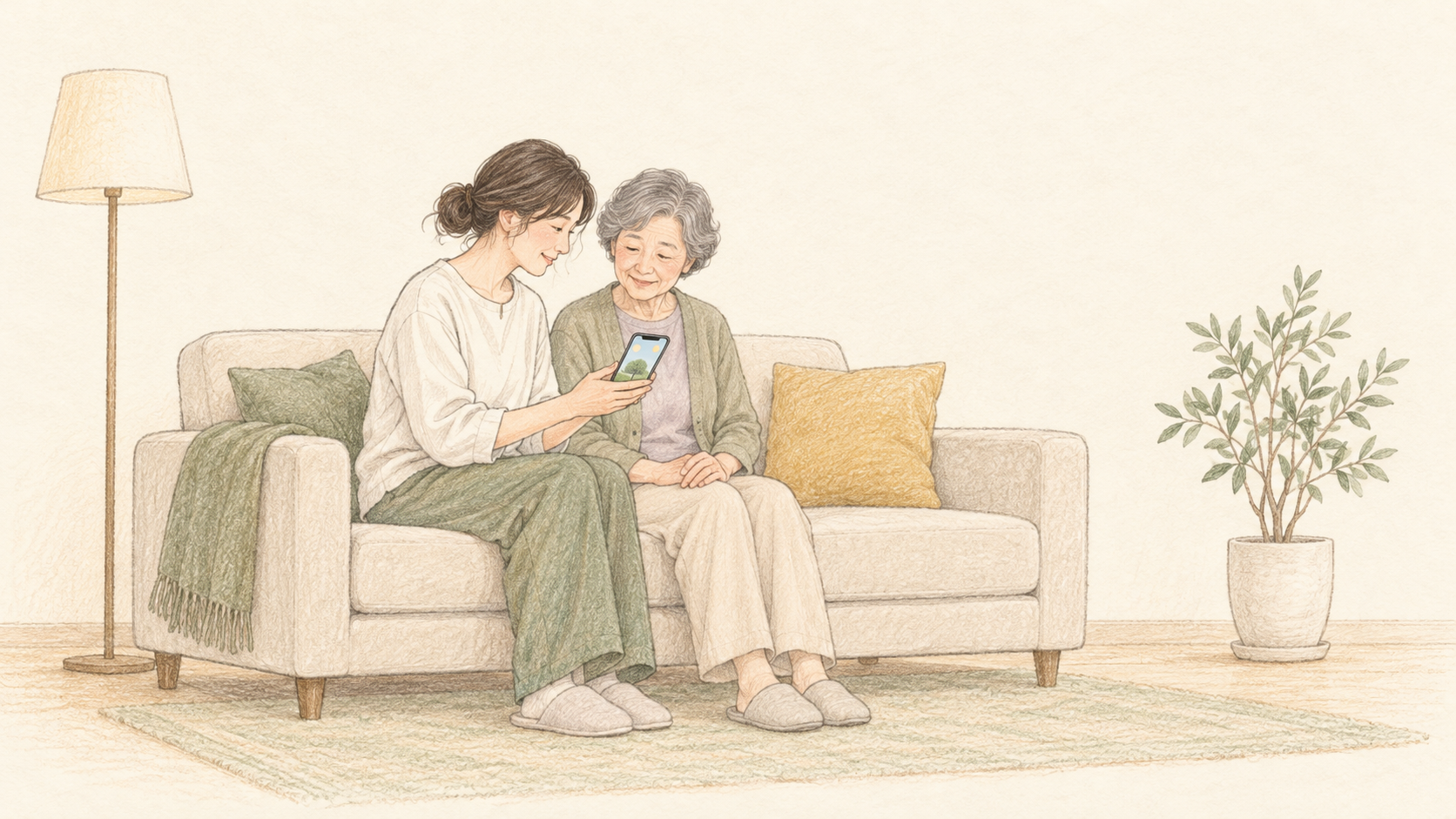 次に見せる一枚を、家族が同じスマートフォンで確認する場面のイメージ