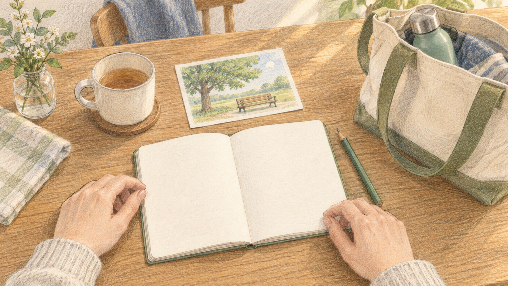 次の外出を考えるための、メモ帳と外出用バッグのイラスト