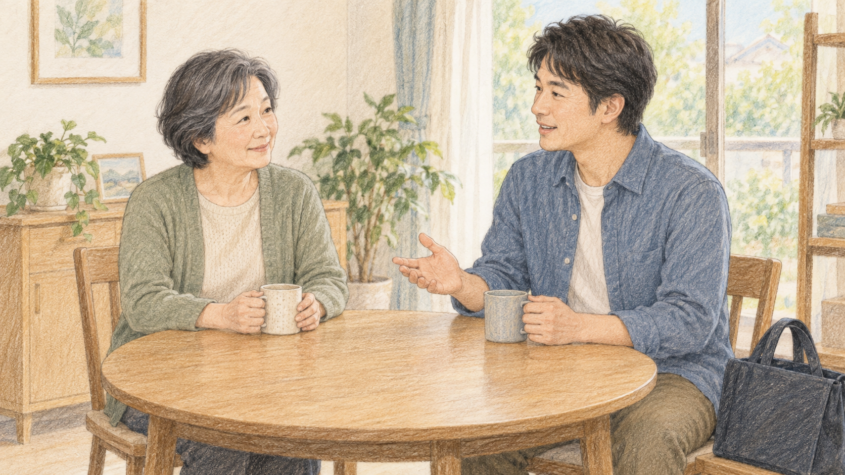 今回の外出について、誘いを伝えた大人と親が相談する場面のイメージ