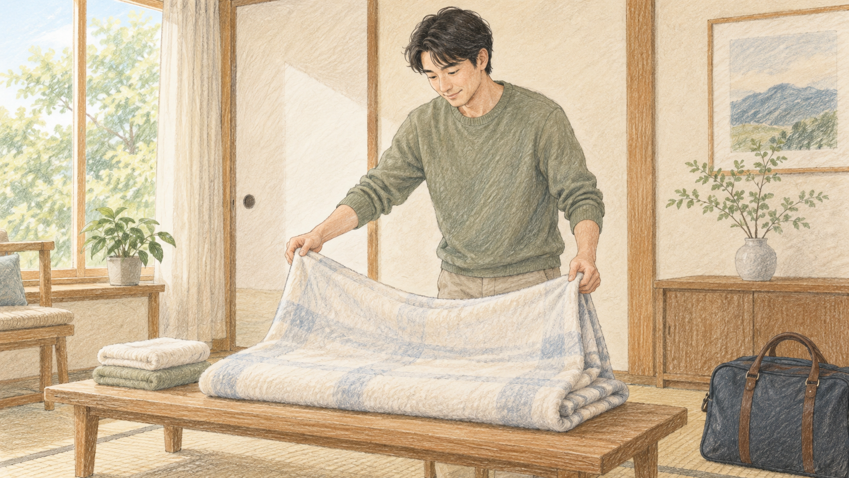 泊まる成人が、使った寝具をまとめる場面のイメージ