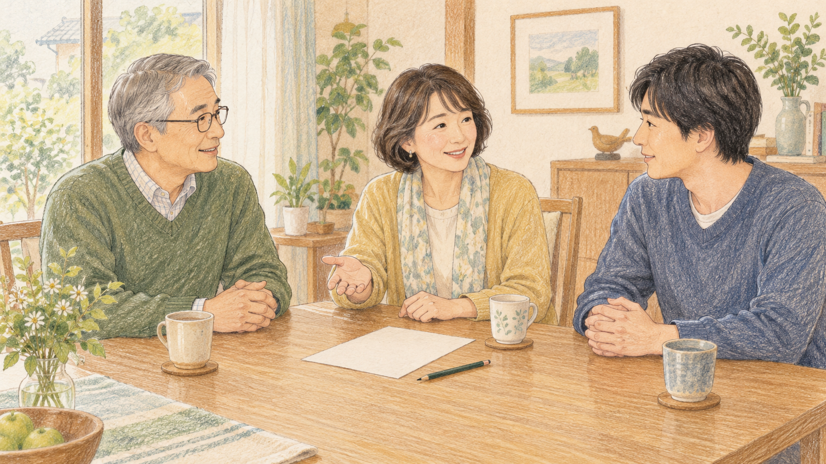 泊まる人と同居する家族が、滞在中の予定を相談する場面のイメージ