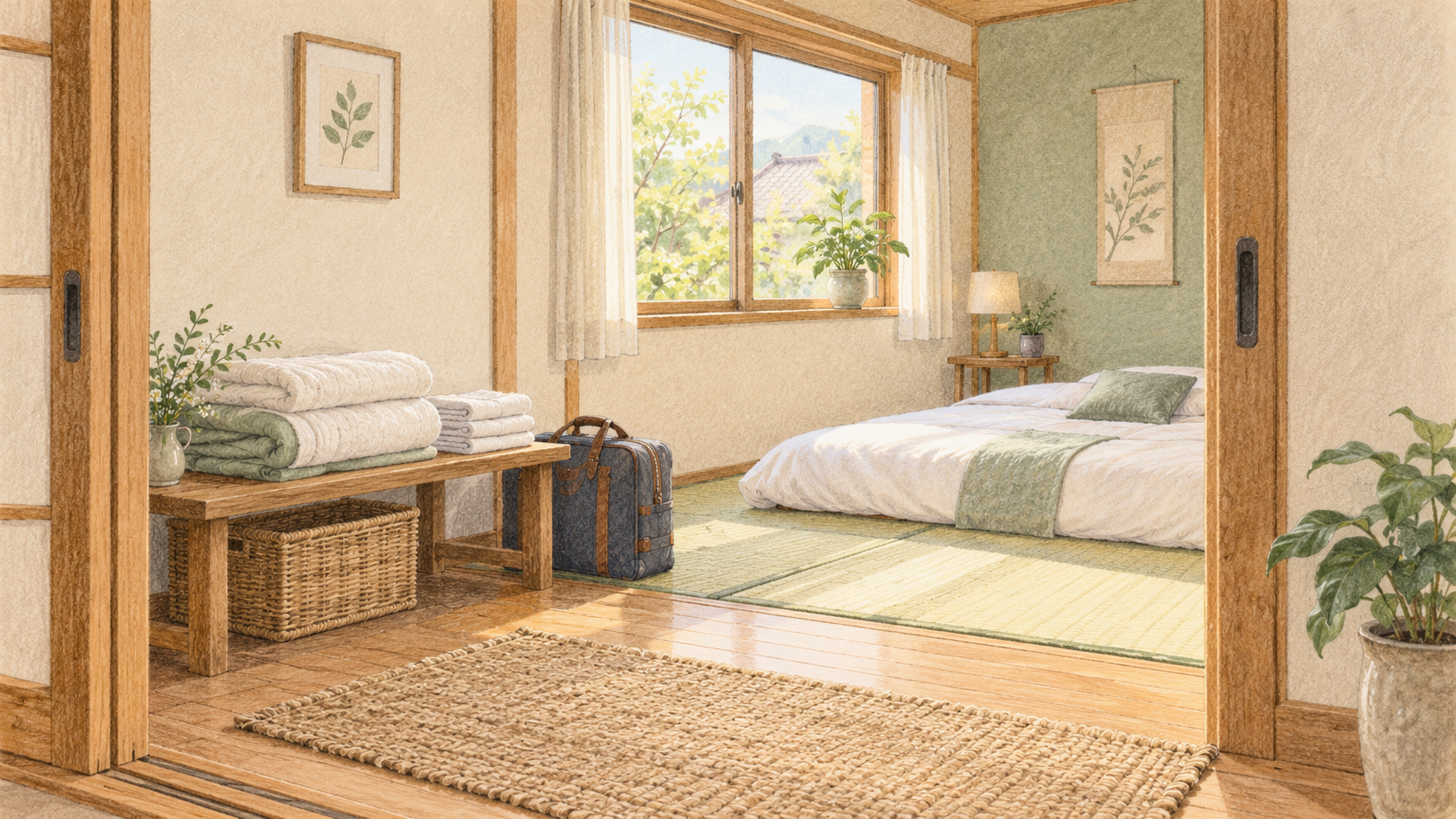 客間に寝具と旅行バッグを用意した場面のイラスト