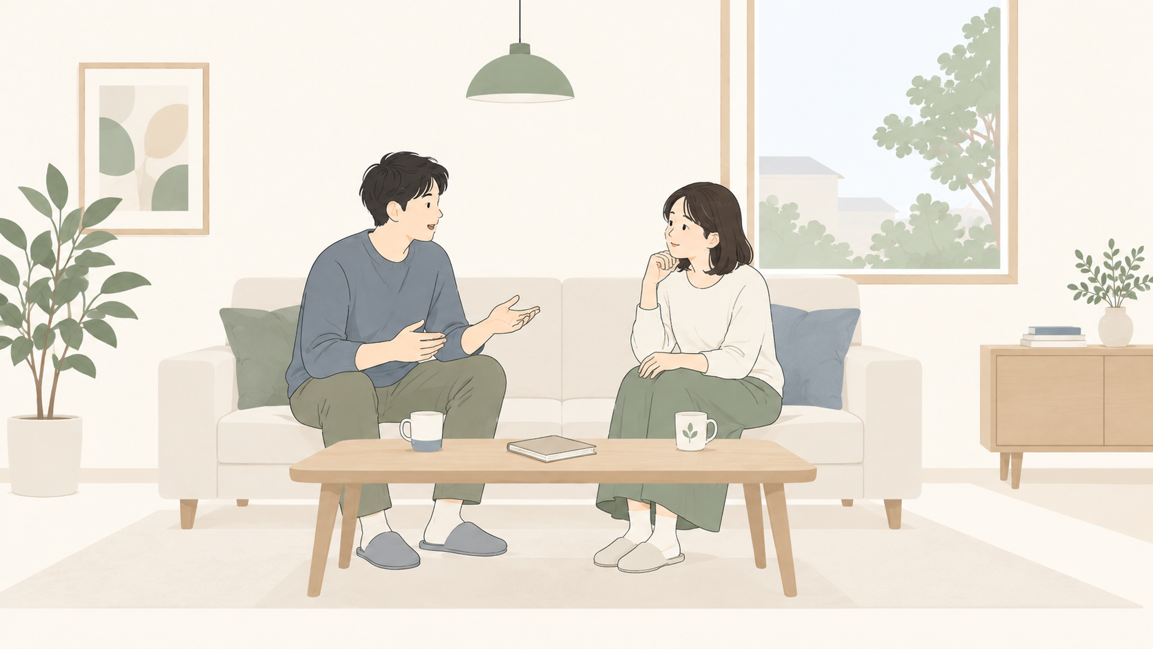 夫婦が、親へ話す内容を相談する場面のイメージ