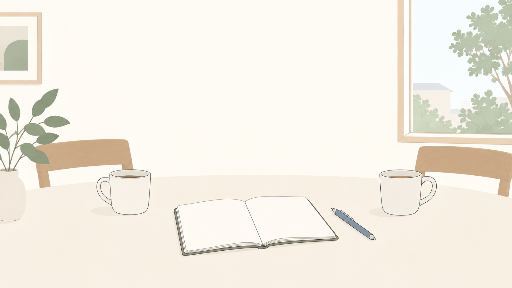 相談する一件をメモに残すための、ノートと二つのカップのイラスト