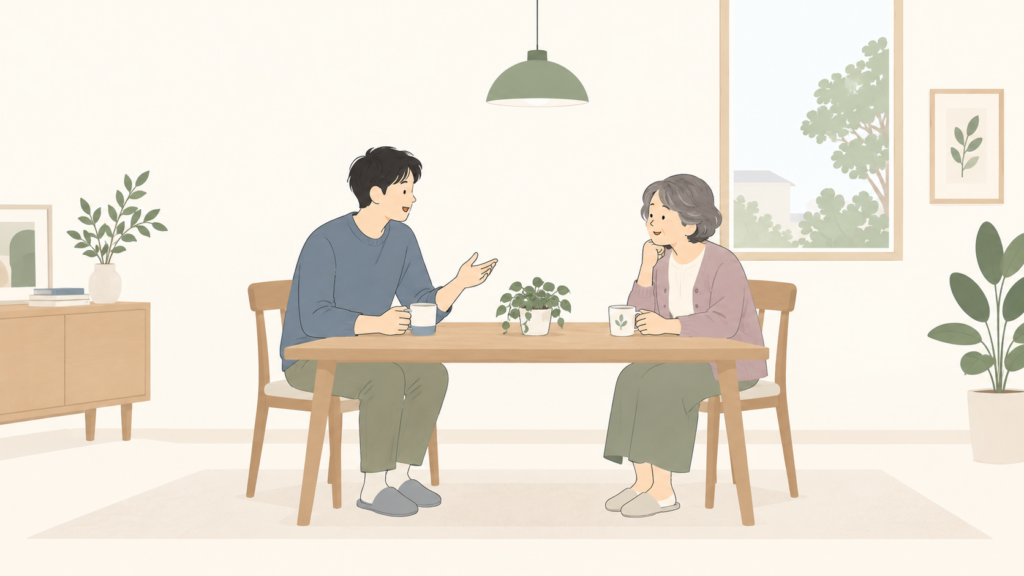 親と成人の子が、家で日常の会話をする場面のイラスト