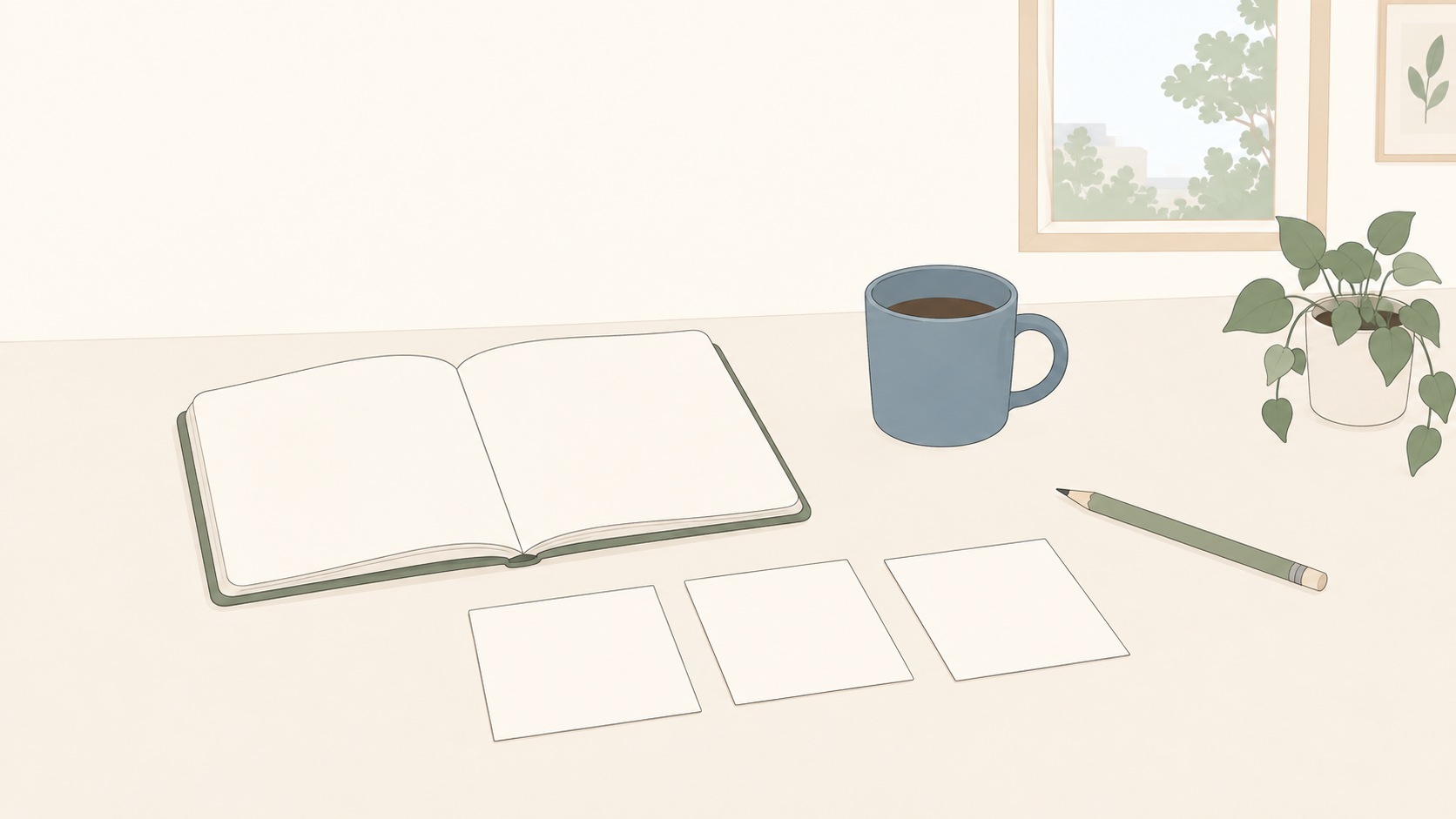 一つの話題について相談するための、ノートと三枚のカードのイラスト