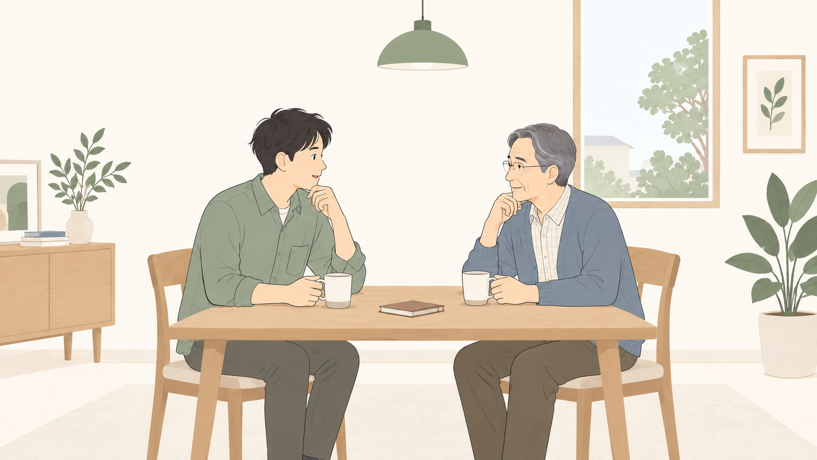 親と成人の子が、周囲へ話す内容を相談する場面のイメージ