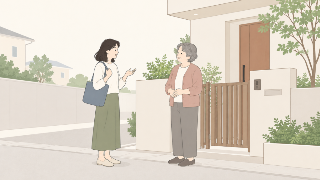 近所で日常の会話をする二人を描いたイラスト