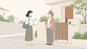 近所で日常の会話をする二人を描いたイラスト