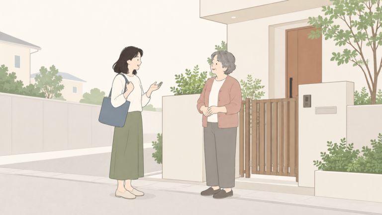 近所で日常の会話をする二人を描いたイラスト