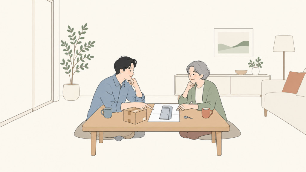 二世帯の人が宅配ボックスの使い方を相談するイラスト