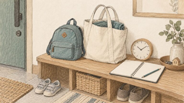 子どもの送迎を相談するためのメモと時計、親子のかばんを描いたイラスト