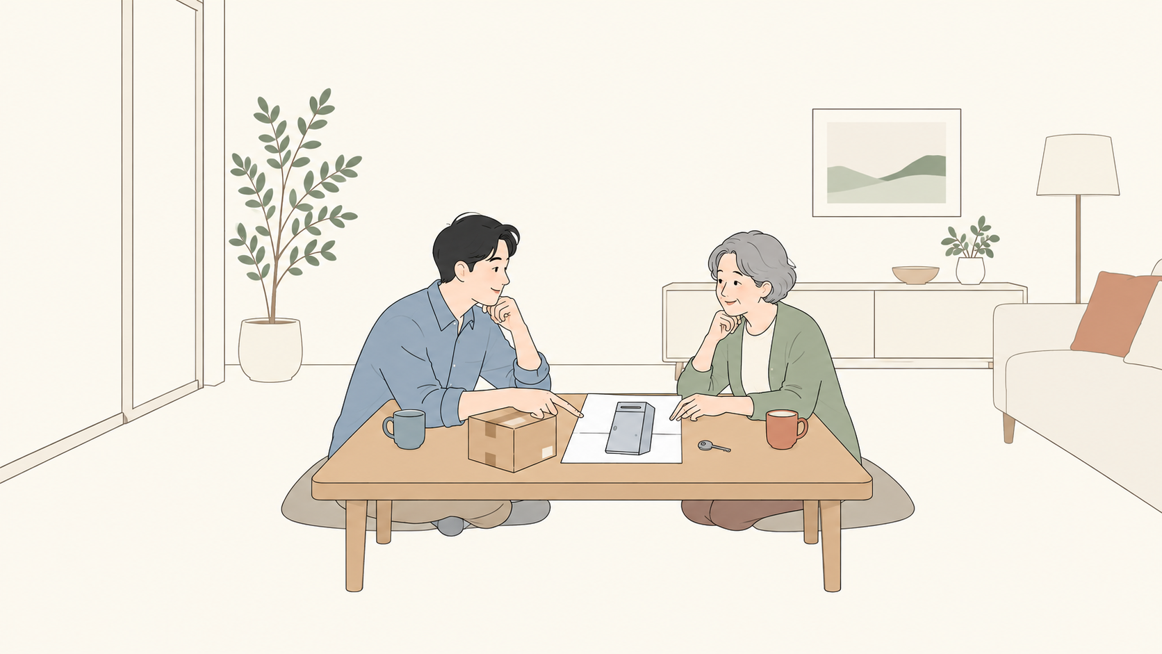 二世帯の人が宅配ボックスの使い方を相談するイラスト