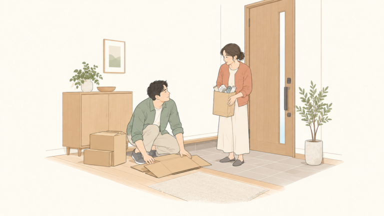 共有する玄関近くで段ボールの片付けを相談する架空の二人のイラスト