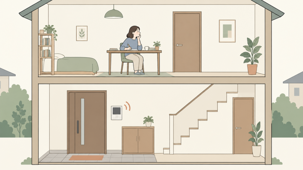 二階の部屋でインターホンの呼び出しをどう確認するか考える人のイラスト