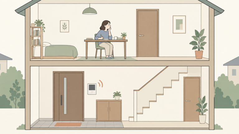 二階の部屋でインターホンの呼び出しをどう確認するか考える人のイラスト