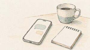連絡を整理するスマートフォンとメモ帳、マグカップの線画