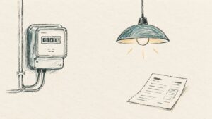 光熱費を確認する一つの電気メーターと照明の線画