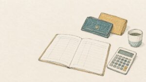 夫婦の生活費を整理する家計簿と二つの財布の線画