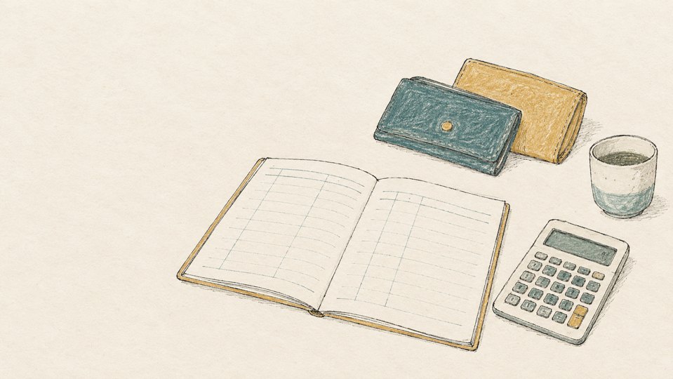 夫婦の生活費を整理する家計簿と二つの財布の線画