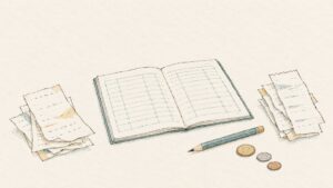 夫婦の立て替え精算を整理する帳簿と二組のレシートの線画