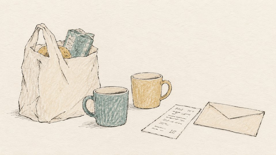 親子世帯の生活費を整理する買い物袋と二つのカップの線画