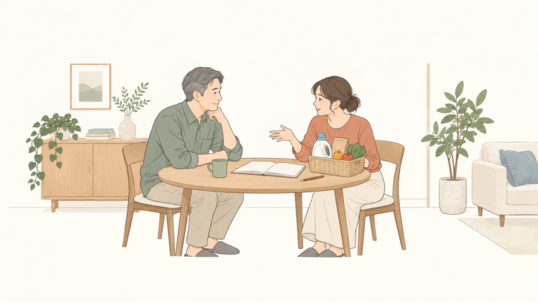 共用する買い物と生活費を相談する架空の親世代と子世代のイラスト