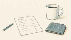 生活費の見直しメモと財布、マグカップの線画