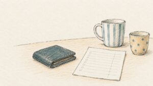 生活費の相談メモと財布、二つのマグカップの線画