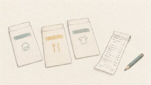 生活費を費目別に分ける封筒とレシートの線画