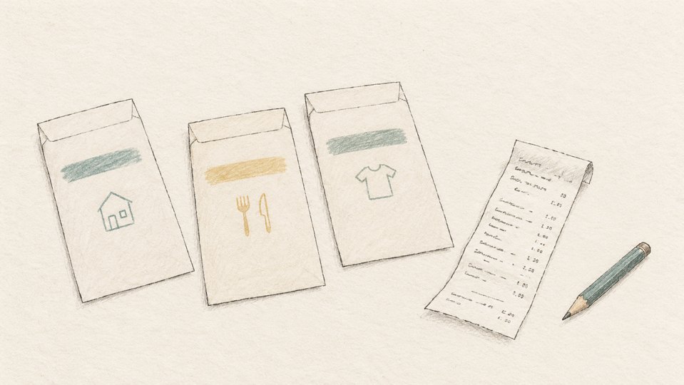 生活費を費目別に分ける封筒とレシートの線画