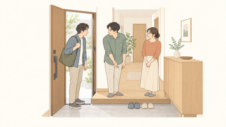 自分たちの玄関で友人を迎える架空の大人たちのイラスト