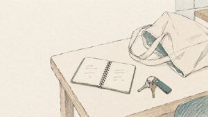 家事の相談メモと買い物袋、鍵を描いた線画イラスト