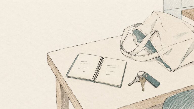 家事の相談メモと買い物袋、鍵を描いた線画イラスト