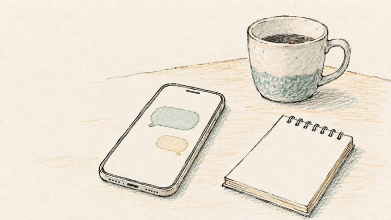 連絡を整理するスマートフォンとメモ帳、マグカップの線画