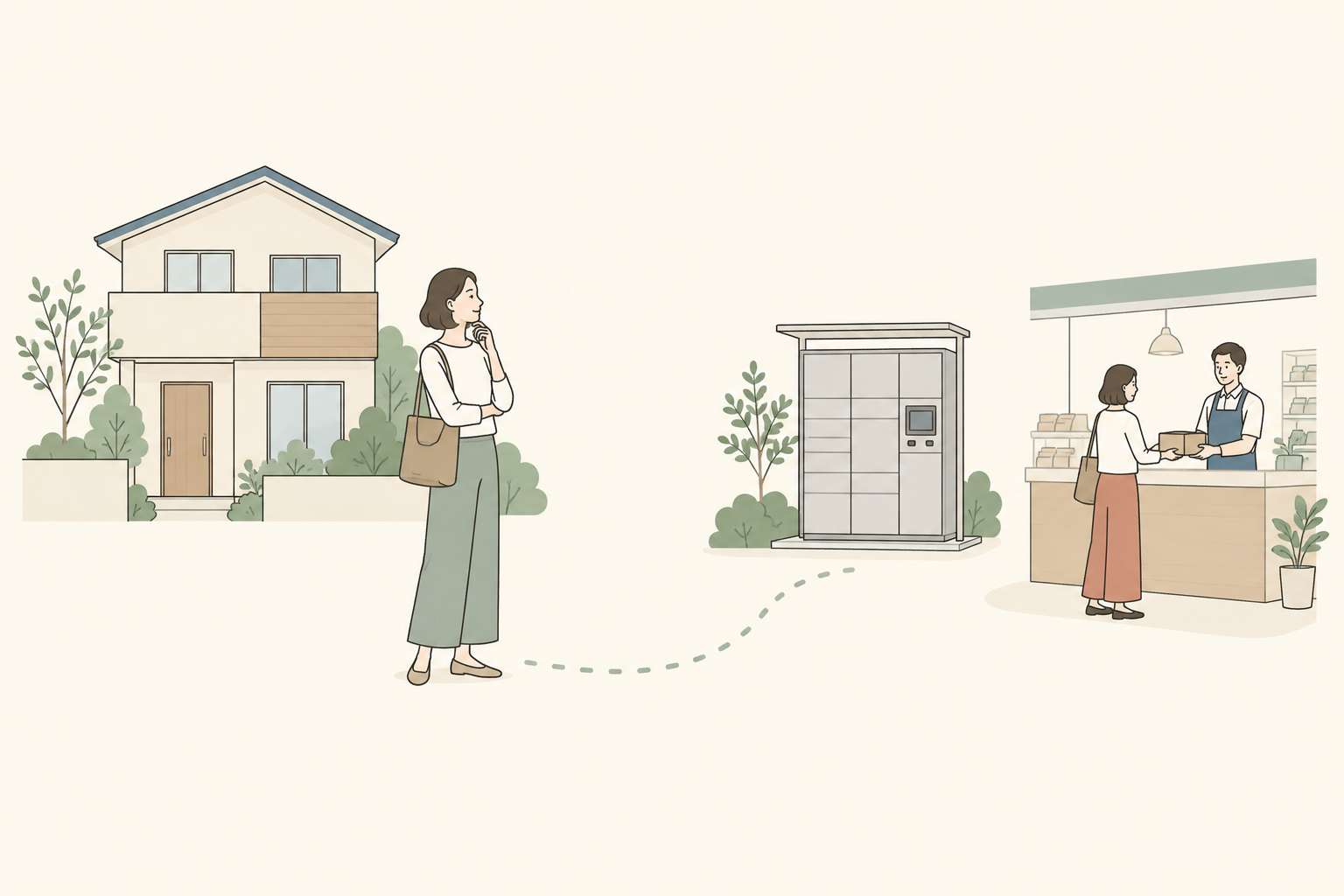 二世帯の家と自宅外の受取先を考える人のイラスト