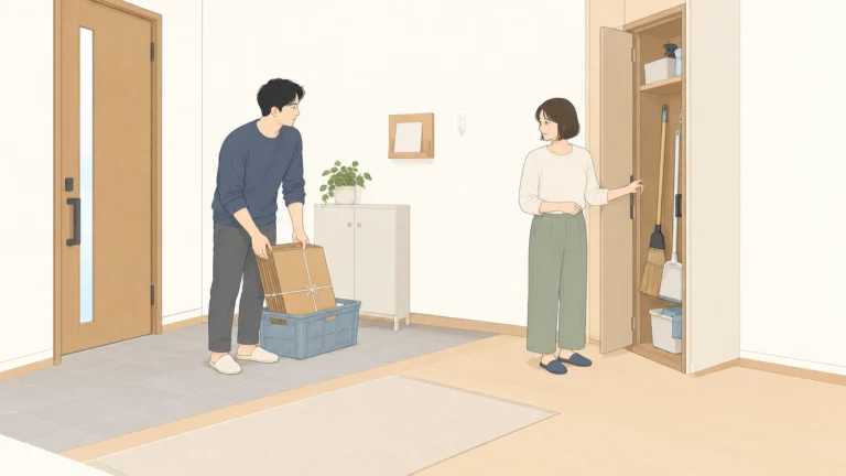 共用の玄関で、まとめた段ボールと掃除道具を前に家の用事を二人で確かめる架空の生活場面