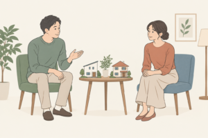 結婚の希望と住む場所を分けて話す二人のイメージ