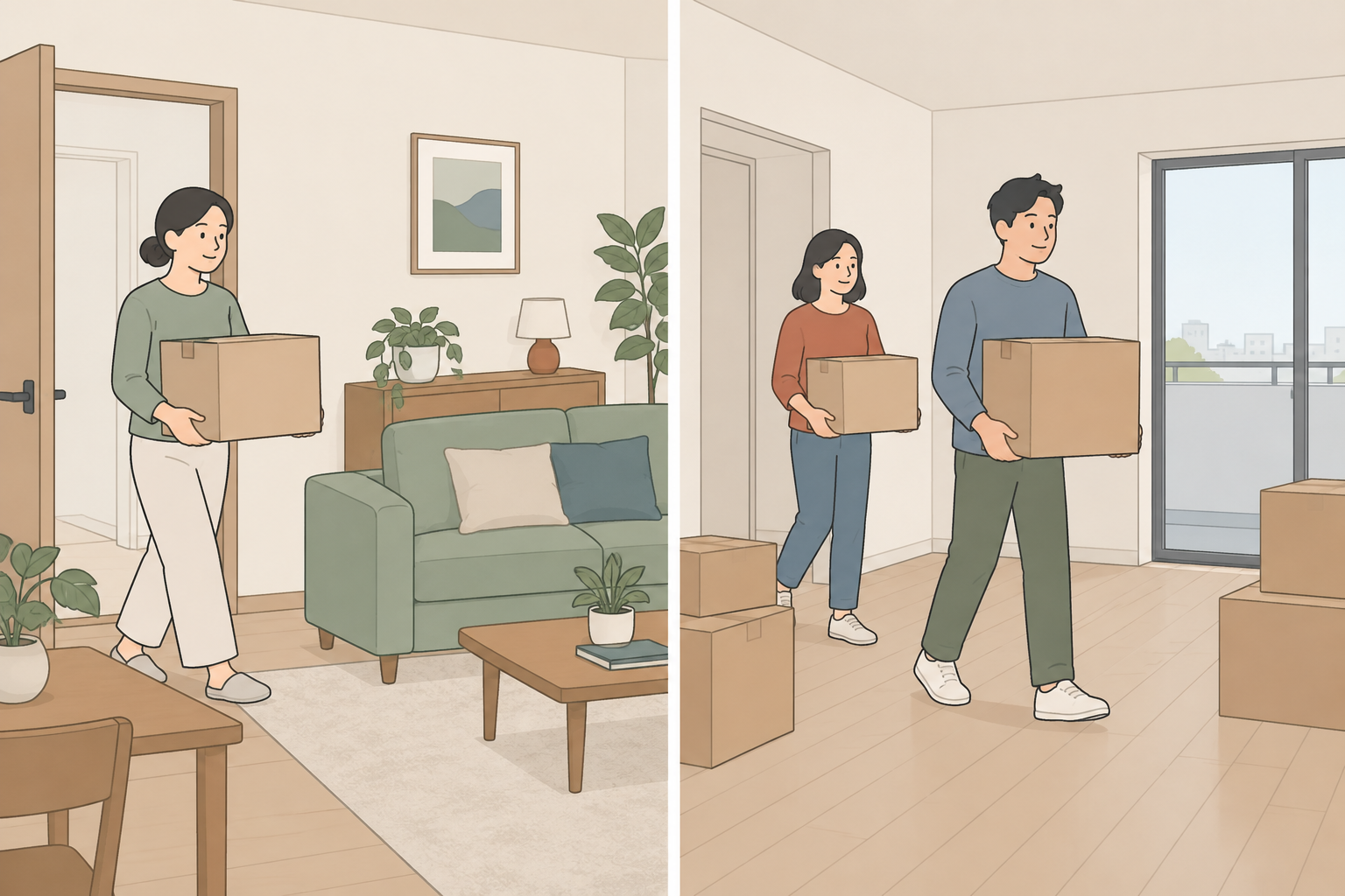 二世帯への入居と別の家への引越しの概念イラスト